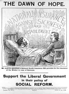 Lloyd George promises to look after the sick, 1911.  Image in the public domain.